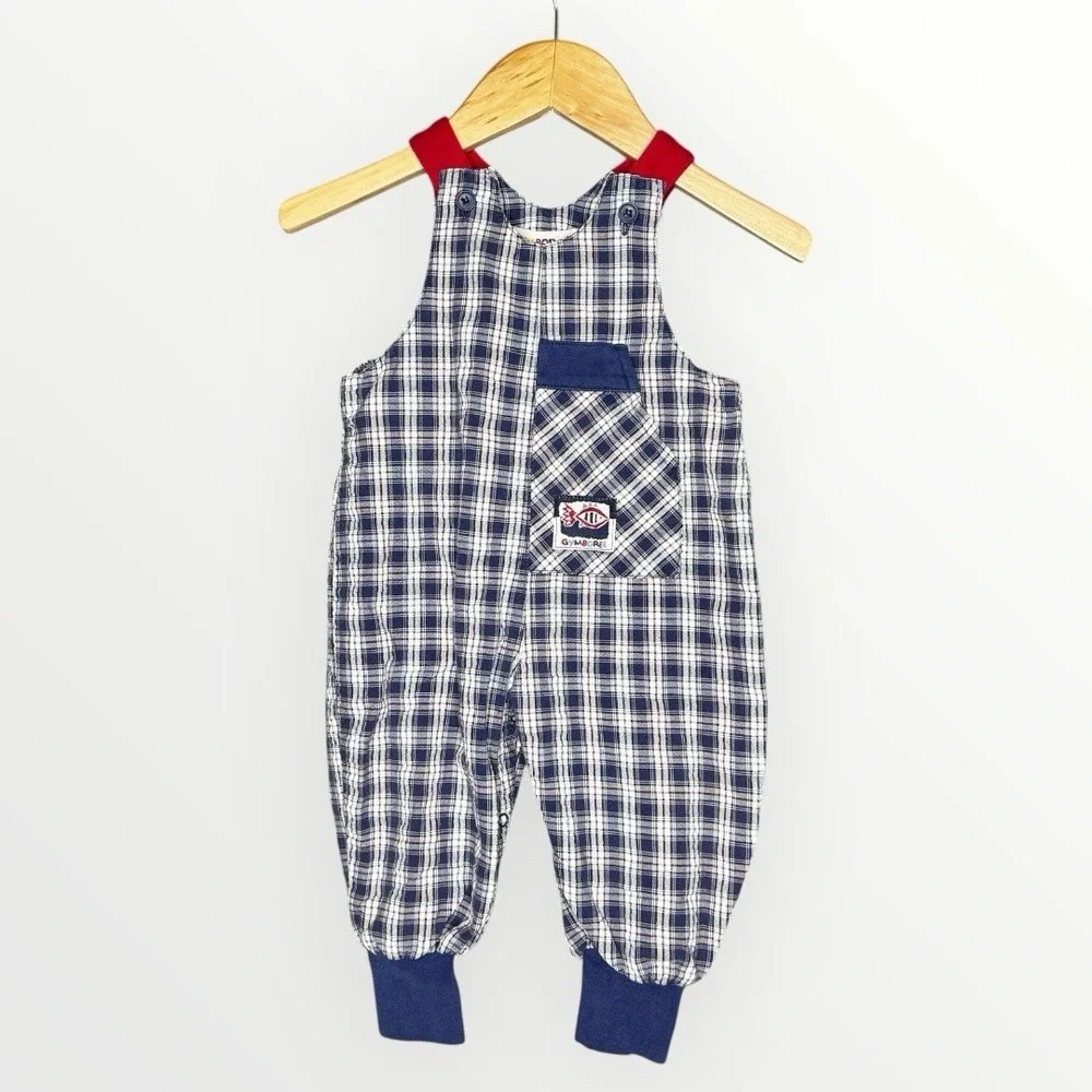 Gymboree Vintage Rainbow Tag 90s Blue Plaid‎ Seersucker Romper Boys Infant 3-6 M